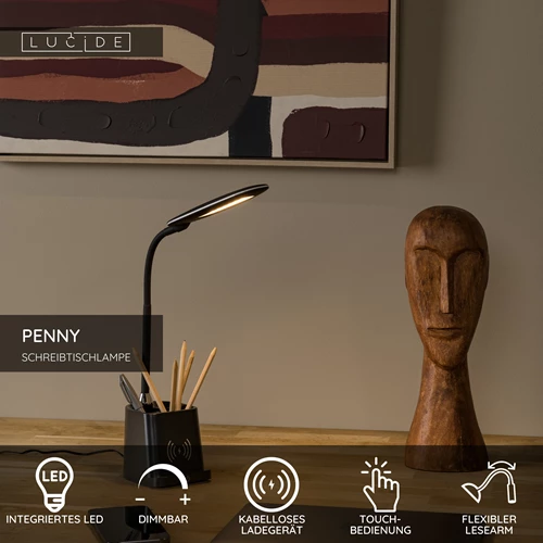 Lucide PENNY - Schreibtischlampe - LED Dim. - 1x4,7W 3000K - Mit kabellosem Ladegerät - Schwarz - USP